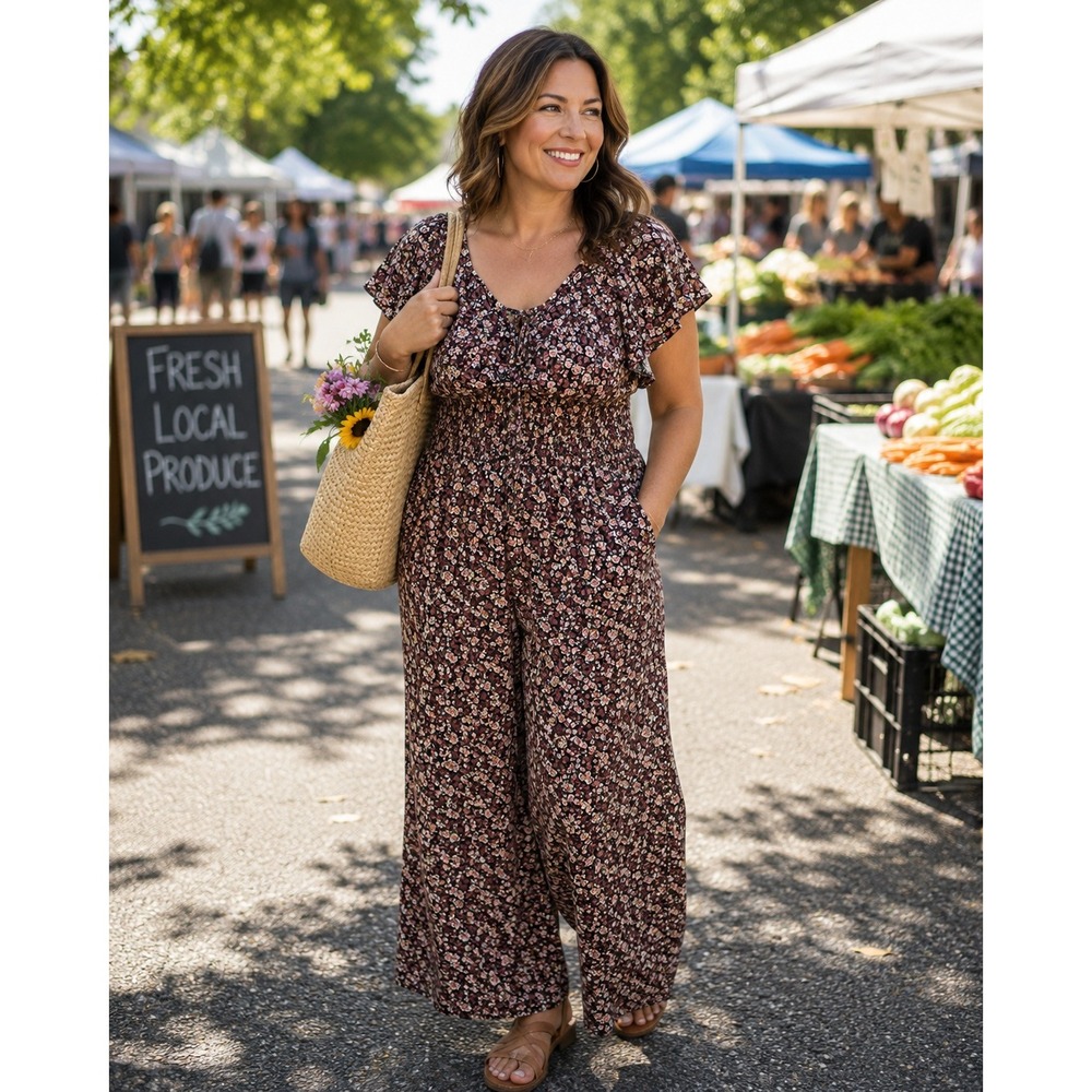Torrid Floral Smocked Wide Leg Jumpsuit Burgundy Mauve Flutter Sleeve Size 4